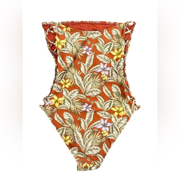 Aeropostale Tropical Floral One Piece Swimsuit Rust Yellow Side Cut Out Small - Picture 2 of 5